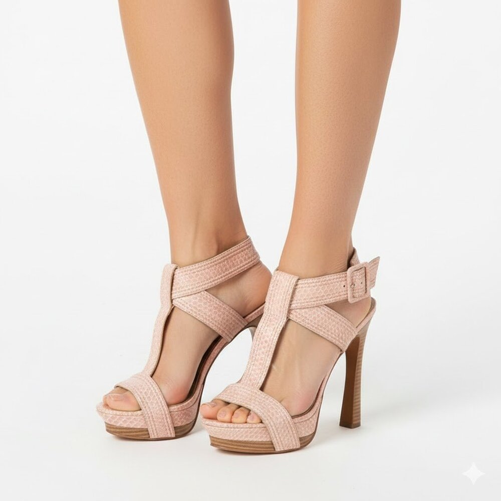 Leon Max pink Leather Snakeskin heels ankle strap and buckle size 9